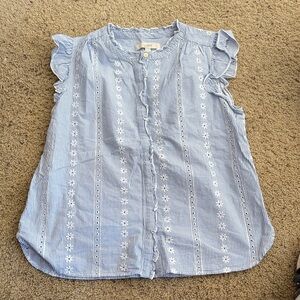 LOFT Light Blue and White Embroidered Top